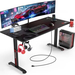 55" Gaming Desk – T-Shaped Computer Desk with Carbon Fiber Surface, Full Mouse Pad & Headphone Hook