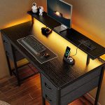 47" Computer Desk with 4 Drawers – Gaming Desk with LED Lights & Power Outlets for Home Office Storage